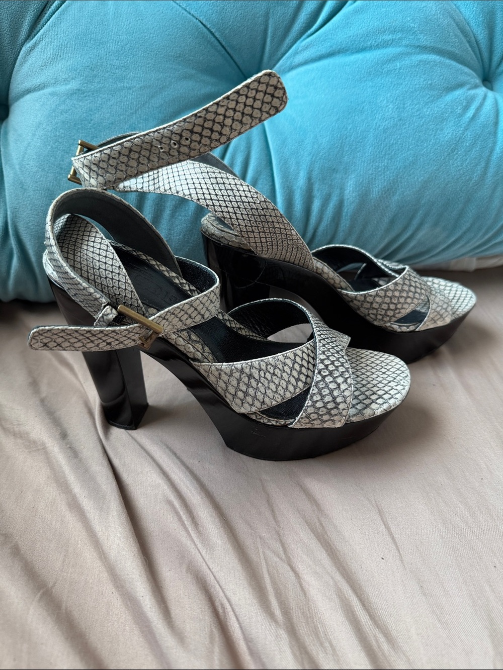 Alexander McQueen White and Black Snake-Print Platform Sandals